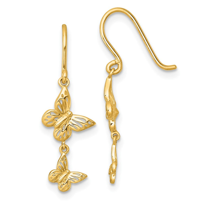 14K Yellow Gold Polished Double Butterfly Moveable Dangle Shepherd Hook Earrings