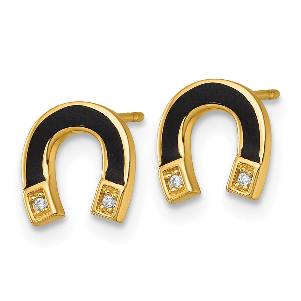 14K Yellow Gold Polished Black Enamel and CZ Horseshoe Post Earrings
