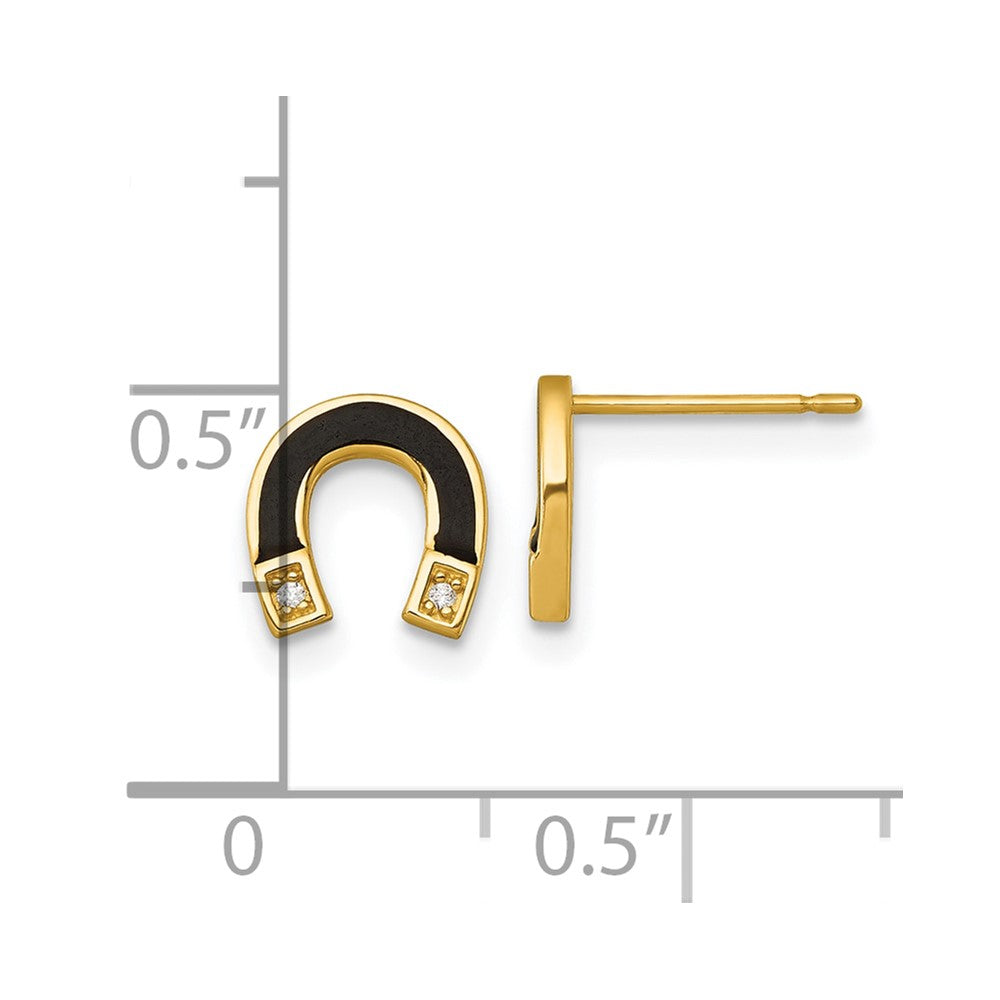 14K Yellow Gold Polished Black Enamel and CZ Horseshoe Post Earrings