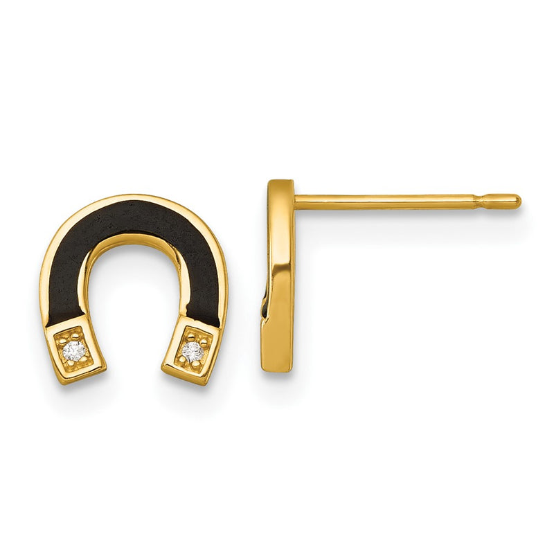 14K Yellow Gold Polished Black Enamel and CZ Horseshoe Post Earrings