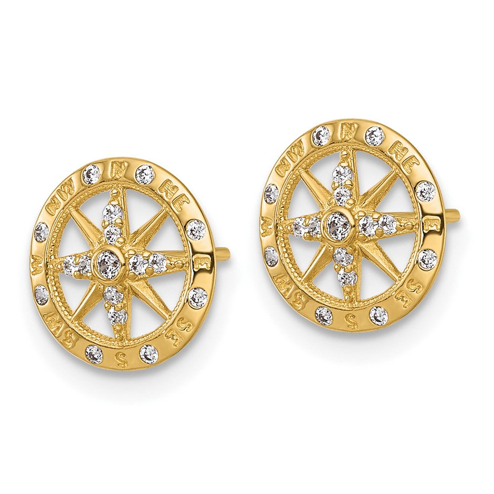 14K Yellow Gold Polished CZ Compass Post Earrings