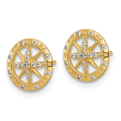 14K Yellow Gold Polished CZ Compass Post Earrings