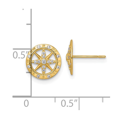 14K Yellow Gold Polished CZ Compass Post Earrings