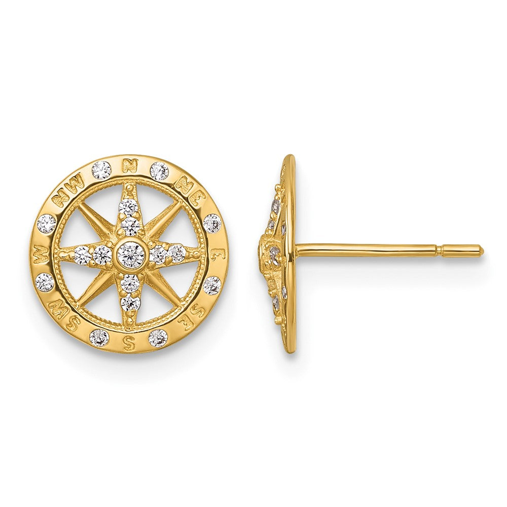 14K Yellow Gold Polished CZ Compass Post Earrings
