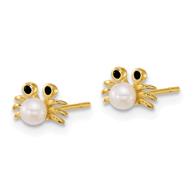 14K Yellow Gold Polished Black CZ with Fwc Pearl Crab Post Earrings