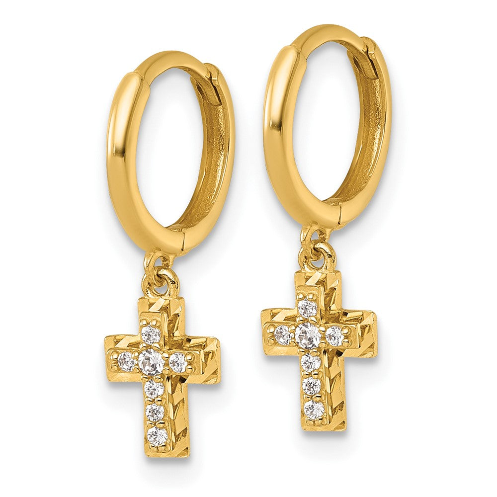 14K Yellow Gold Polish D/c & CZ Dangle Cross Hinged Round Hoop Earrings