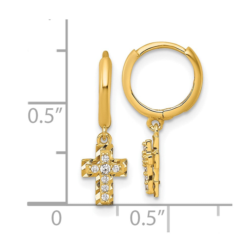 14K Yellow Gold Polish D/c & CZ Dangle Cross Hinged Round Hoop Earrings