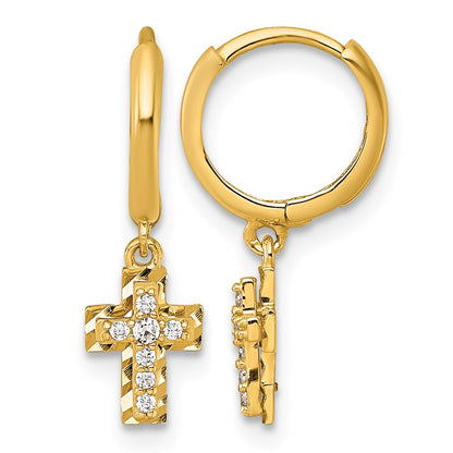 14K Yellow Gold Polish D/c & CZ Dangle Cross Hinged Round Hoop Earrings