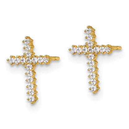 14K Yellow Gold Polished CZ Cross Post Earrings