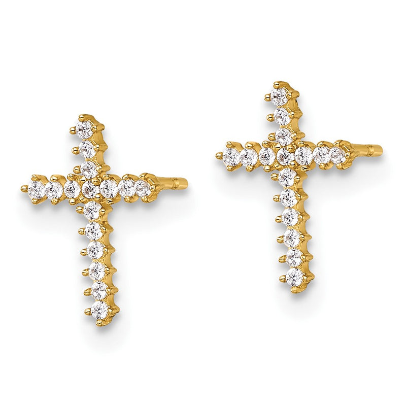14K Yellow Gold Polished CZ Cross Post Earrings