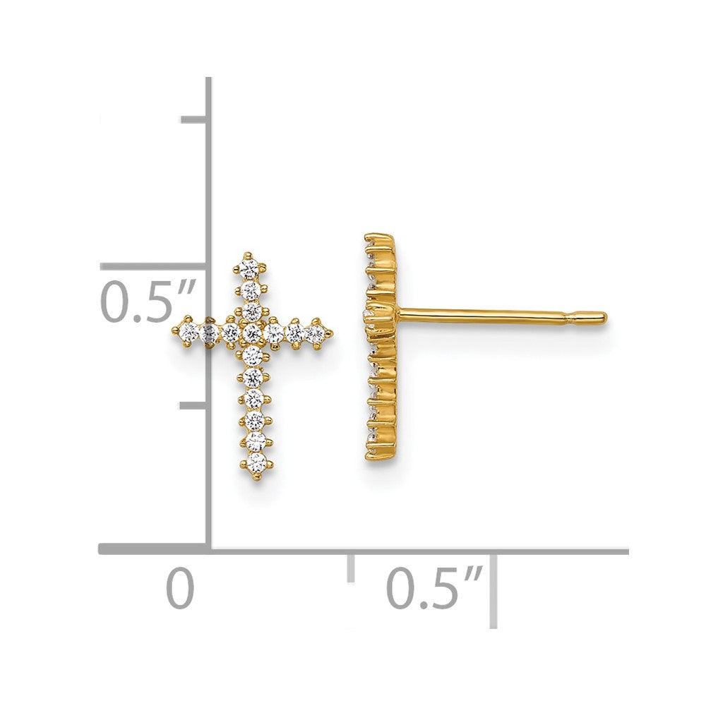 14K Yellow Gold Polished CZ Cross Post Earrings