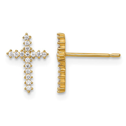 14K Yellow Gold Polished CZ Cross Post Earrings