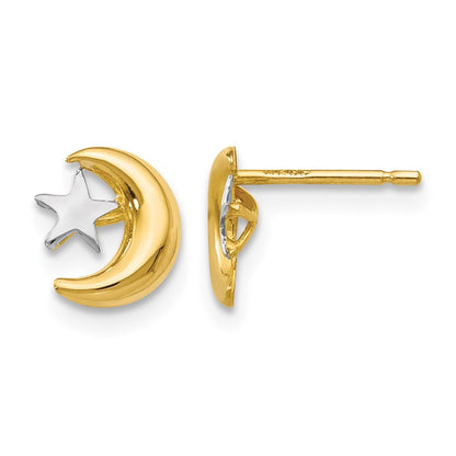 14K Yellow & Rhodium Polished & Rhodium Moon & Star Post Earrings