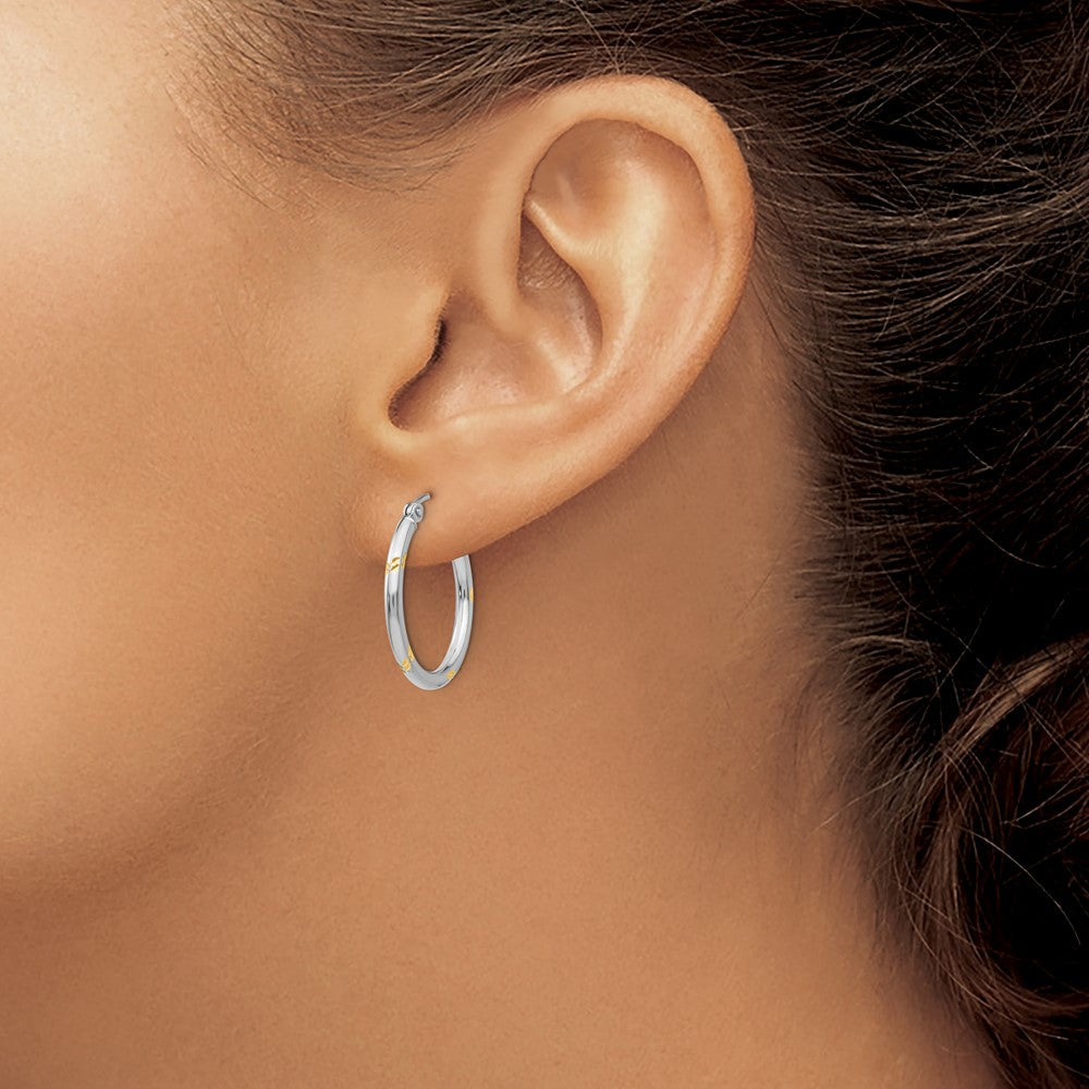 14K White Gold And Yellow Rhodium D/C Hoop Earrings
