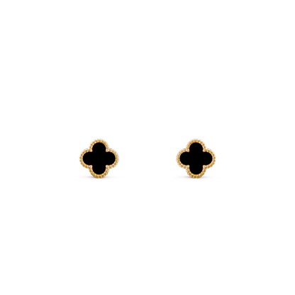Clover Floral Alhambra Sweet Style Stud Earrings in Solid 10K/14K/18K Yellow Gold Malachite/Pearl/Black Onyx/Carnelian Gemstone