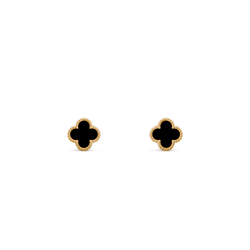 Clover Floral Alhambra Sweet Style Stud Earrings in Solid 10K/14K/18K Yellow Gold Malachite/Pearl/Black Onyx/Carnelian Gemstone