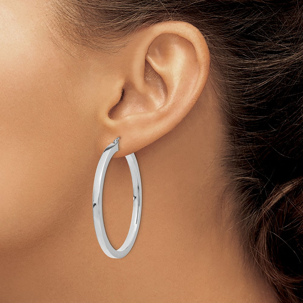 14K White Gold 3mm Polished Square Tube Hoop Earrings