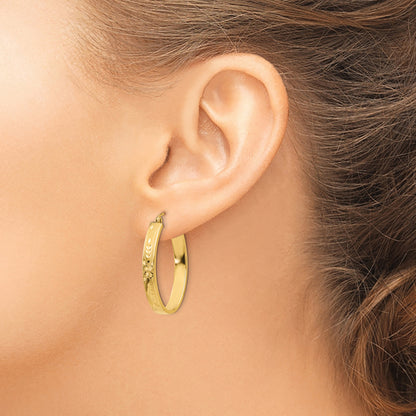 14K Yellow Gold Satin & Diamond Cut Oval Hoop Earrings