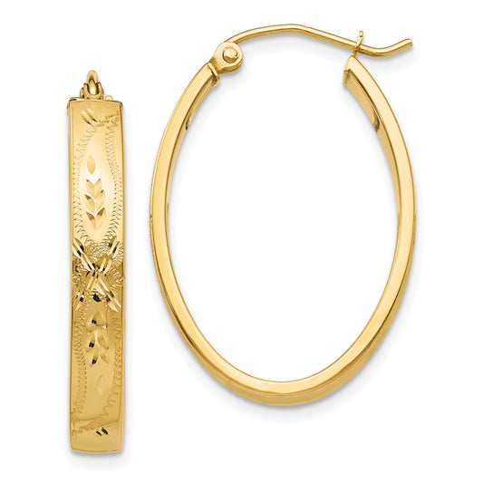 14K Yellow Gold Satin & Diamond Cut Oval Hoop Earrings
