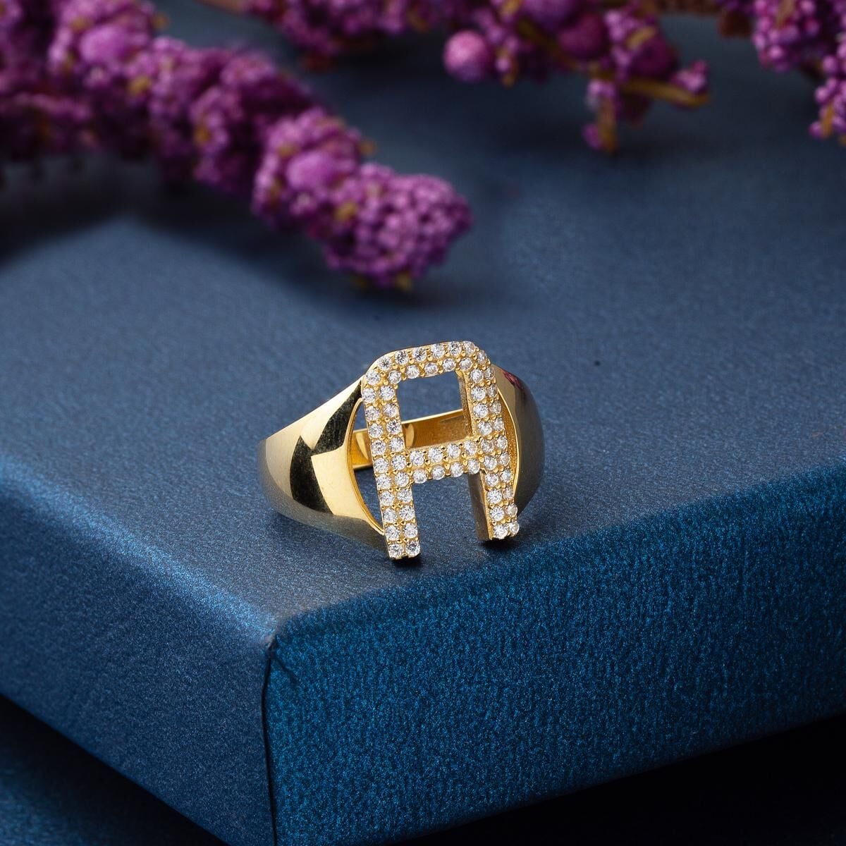 14K Yellow Gold Initial A Cubic Zirconia Ring