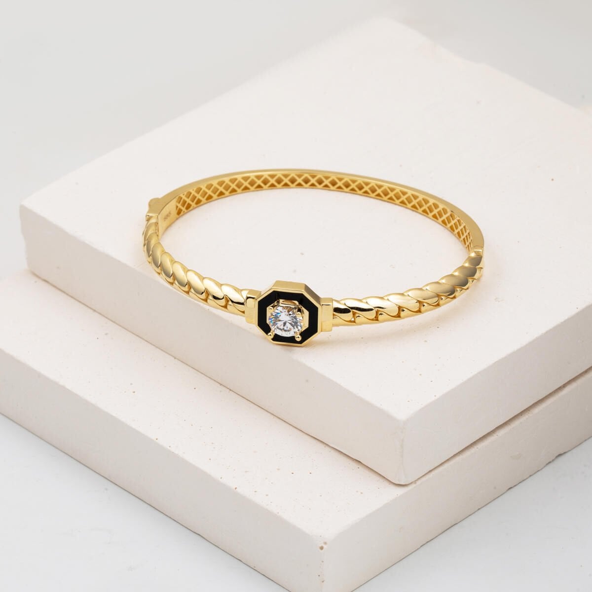 14K Yellow Gold Cagla Curb Link Cubic Zirconia Hinged Cuff Bracelet