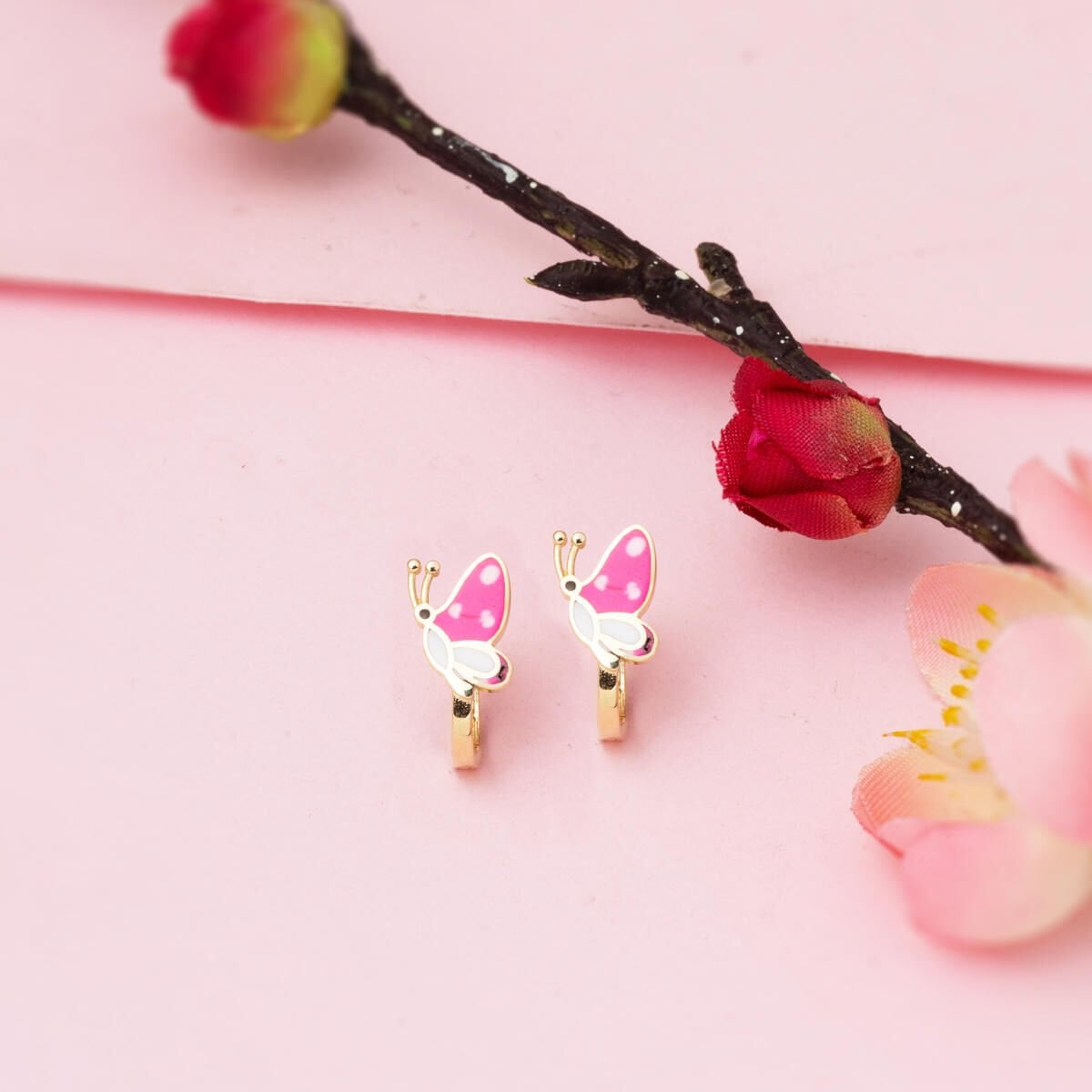 14K Yellow Gold Pink Butterfly Enamel Children's Earrings