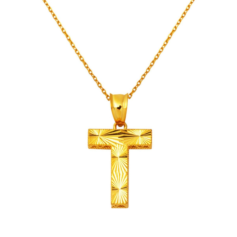 22K Yellow Gold Initial T 3 Dimensional Necklace