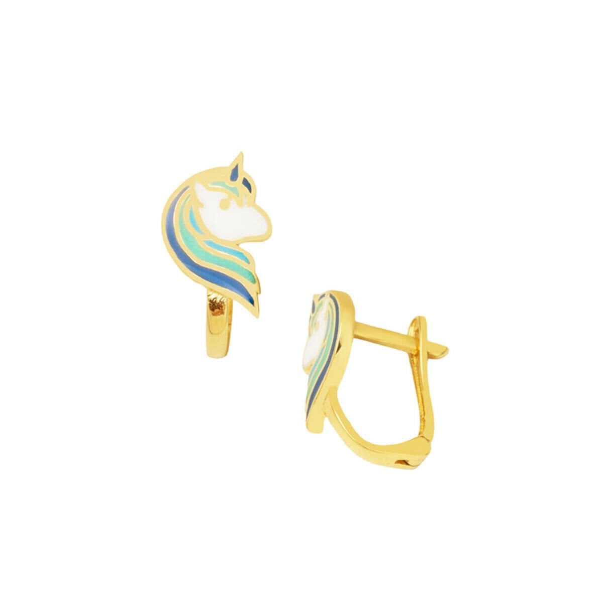 14K Yellow Gold Blue Enamel Unicorn Children's Earrings
