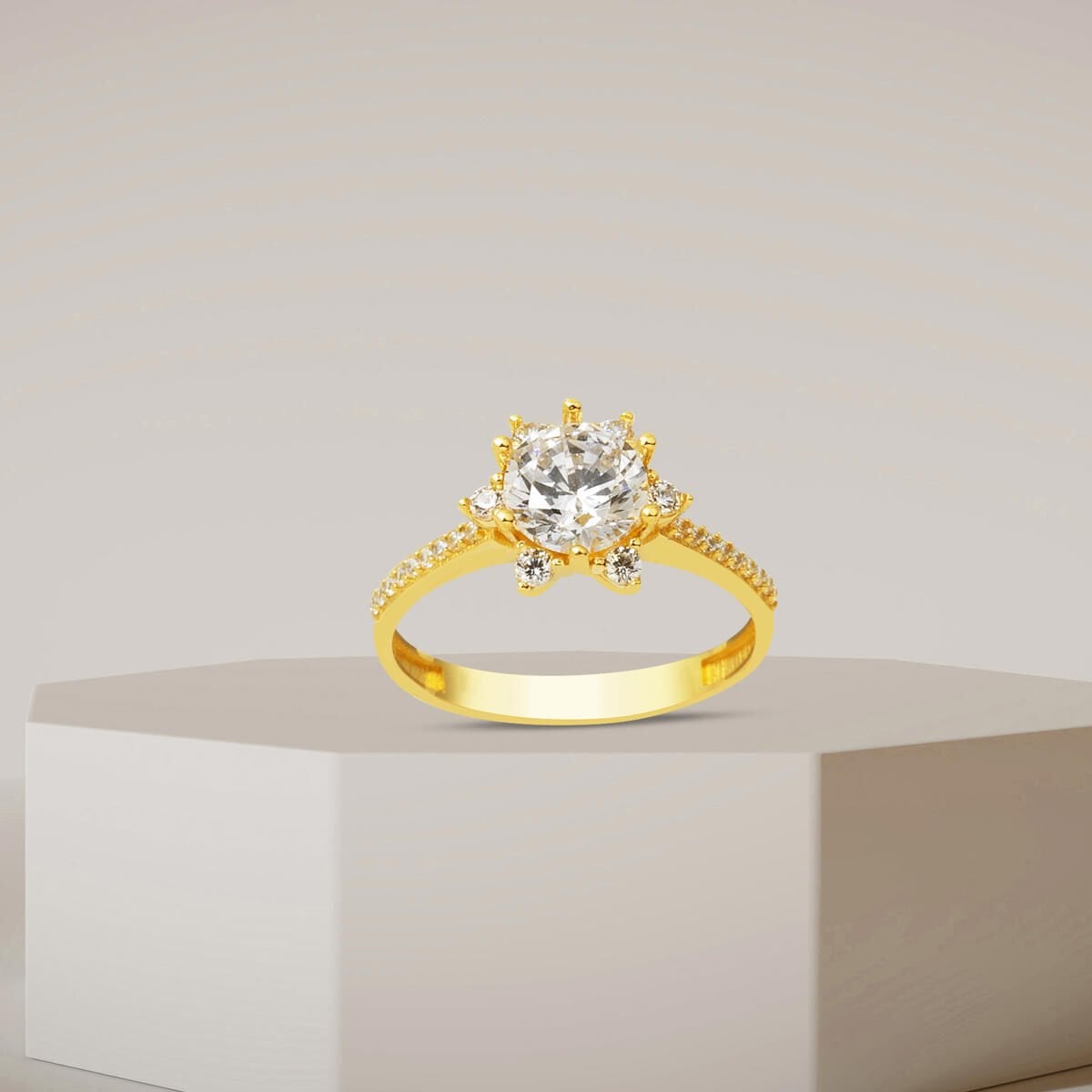 14K Yellow Gold Honeysuckle Solitaire Cubic Zirconia Ring