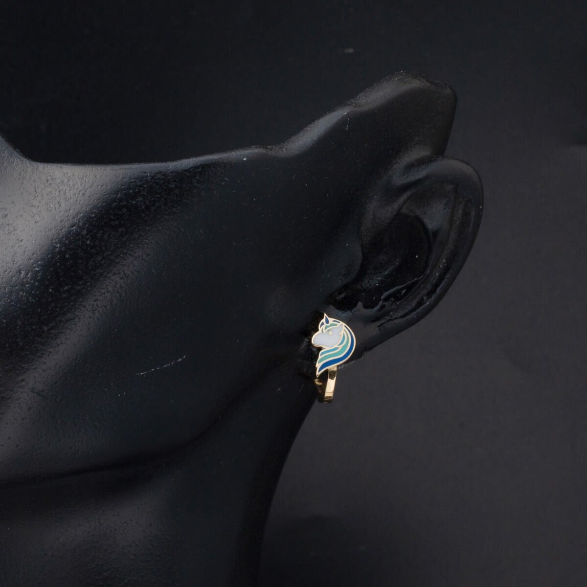 14K Yellow Gold Blue Enamel Unicorn Children's Earrings