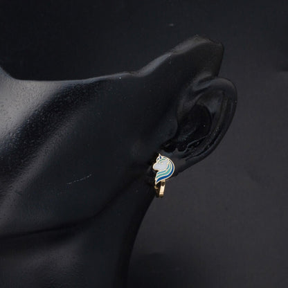 14K Yellow Gold Blue Enamel Unicorn Children's Earrings