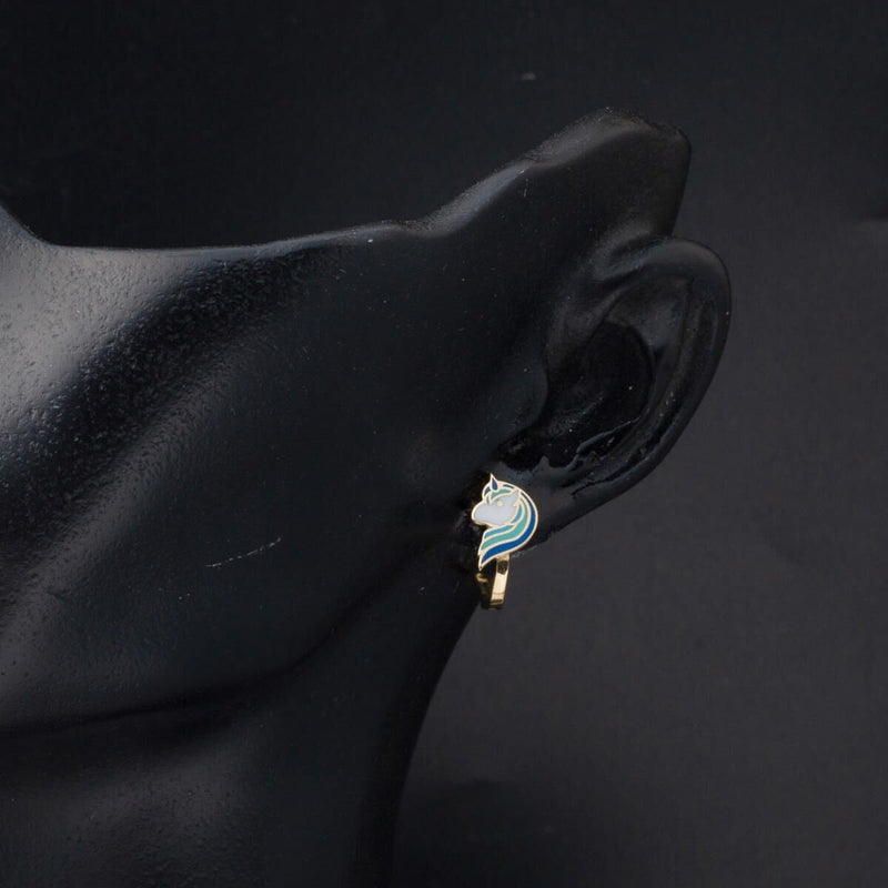 14K Yellow Gold Blue Enamel Unicorn Children's Earrings