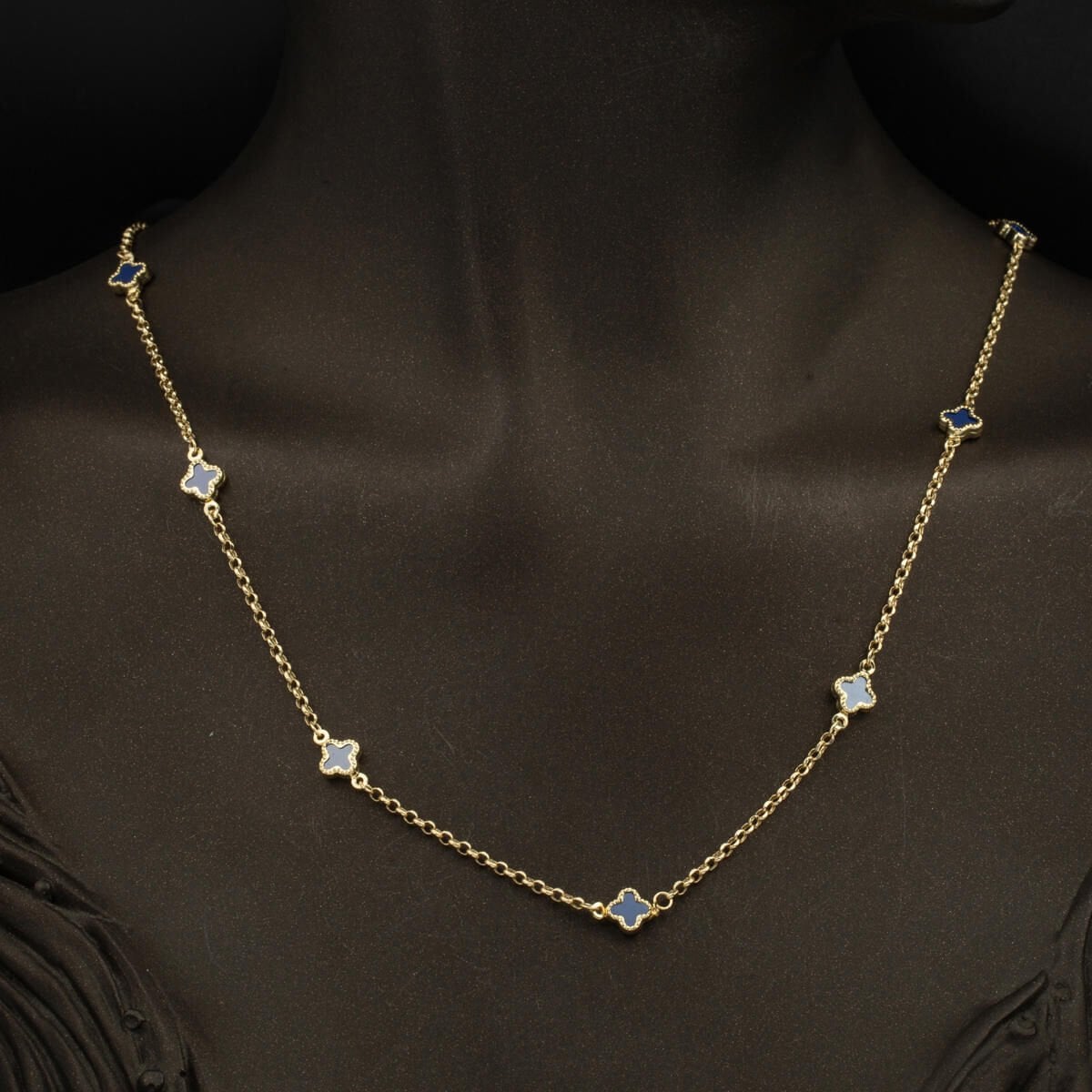 14K Yellow Gold Navy Blue Clover Chain Cubic Zirconia Necklace