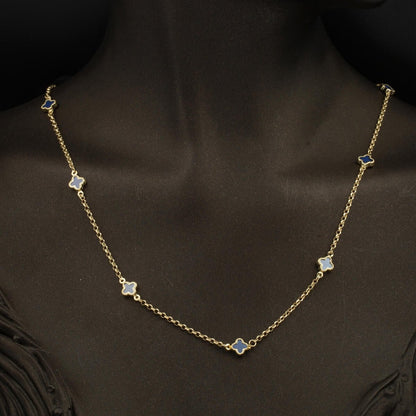 14K Yellow Gold Navy Blue Clover Chain Cubic Zirconia Necklace