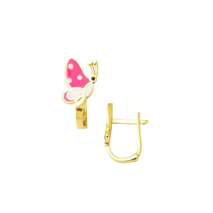 14K Yellow Gold Pink Butterfly Enamel Children's Earrings