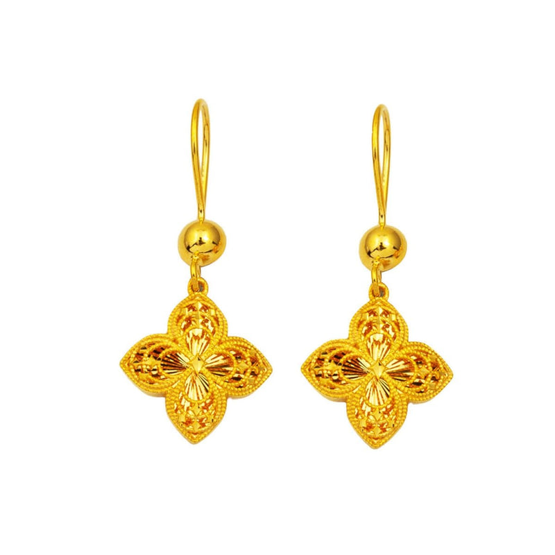 22K Yellow Gold Engraved Lily Dangle Earrings