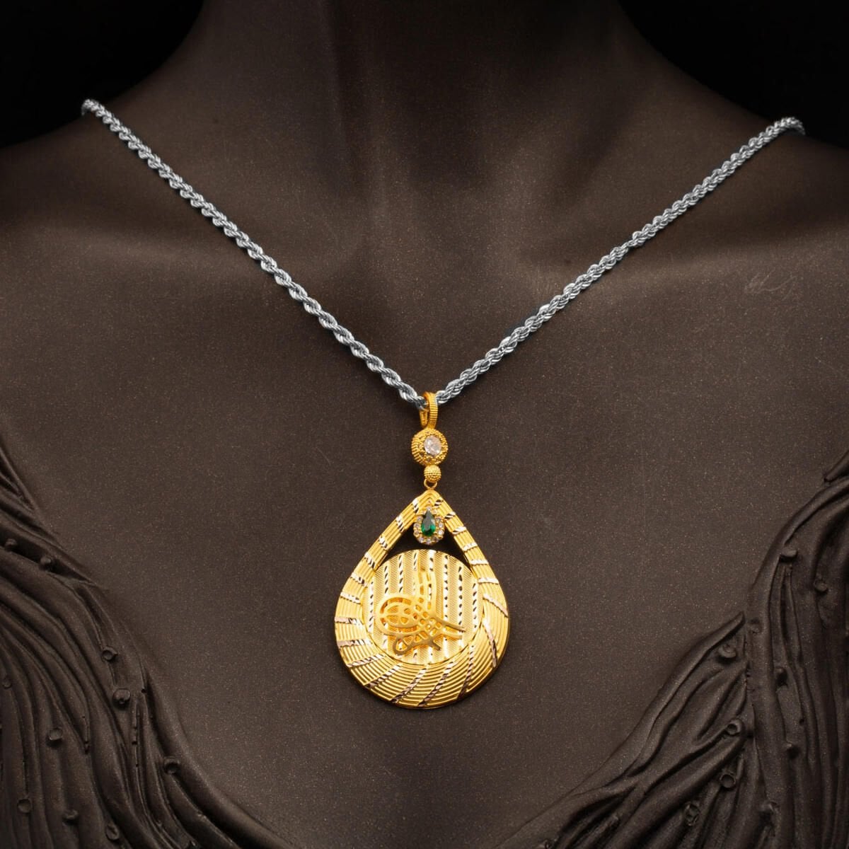 14K Yellow Gold Ottoman Tughra Teardrop Cubic Zirconia Pendant