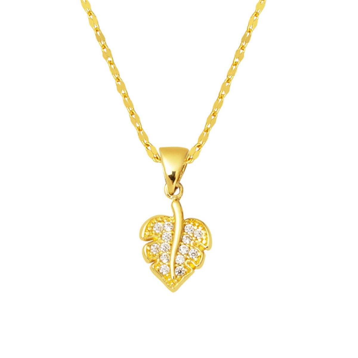 14K Yellow Gold Leaf Minimalist Cubic Zirconia Necklace