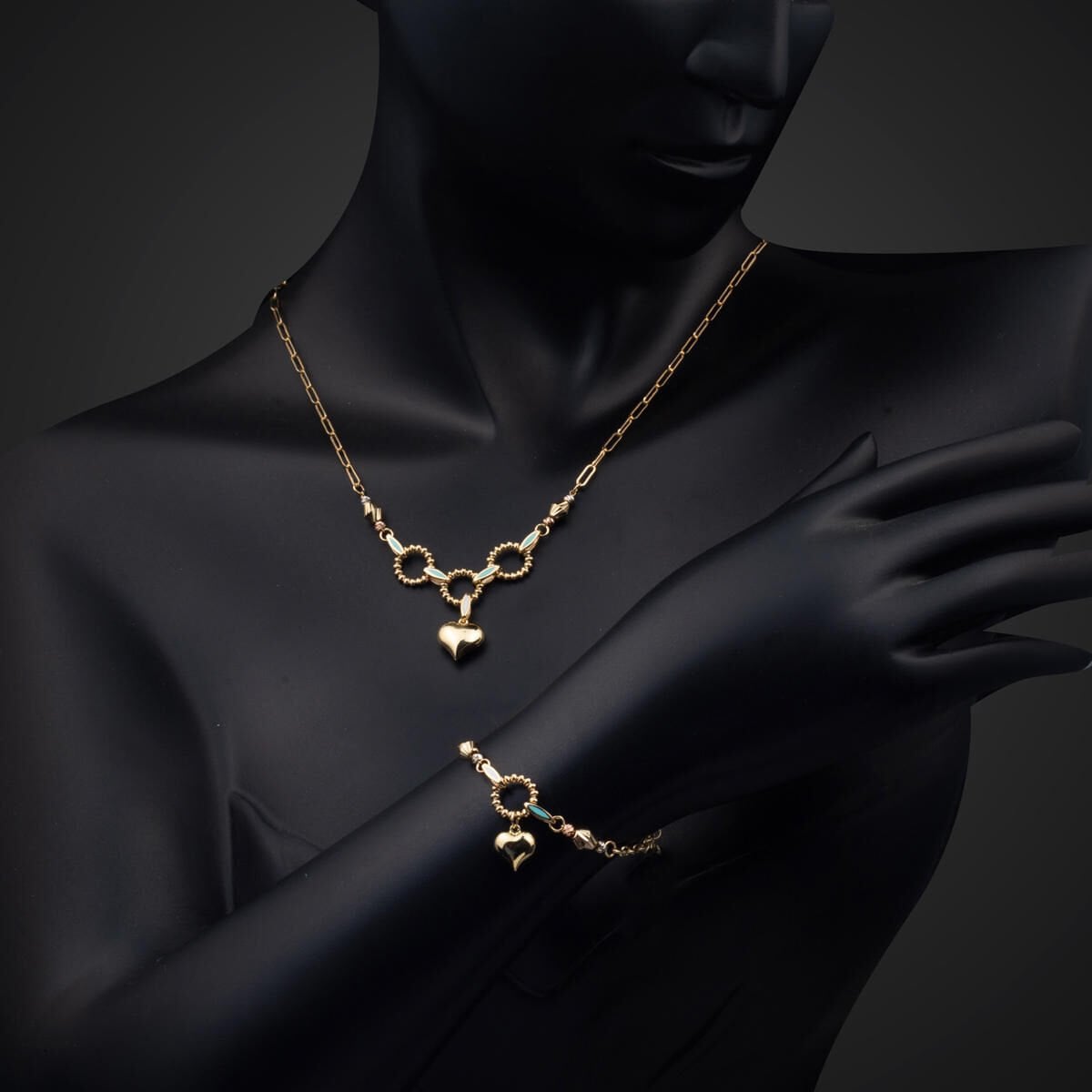 14K Yellow Gold Heart Motif Turquoise Necklace & Bracelet Set