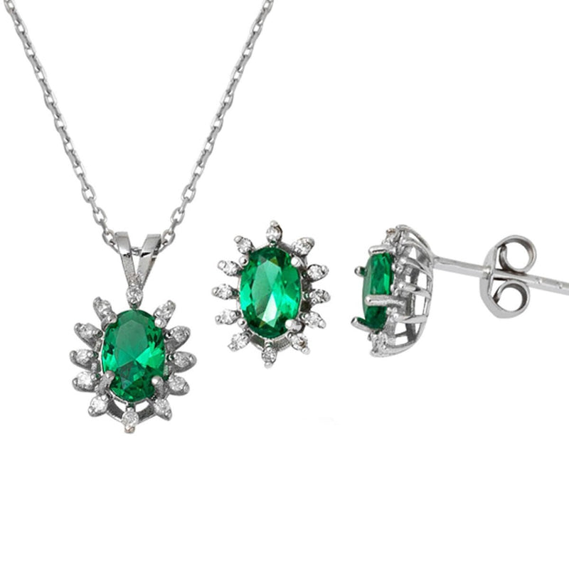 14K White Gold 1.50 Ct Emerald Diamond Necklace Earrings Set