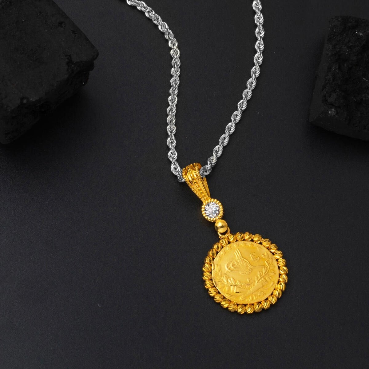 14K Yellow Gold Quarter Coin Ottoman Resat Coin Cubic Zirconia Pendant