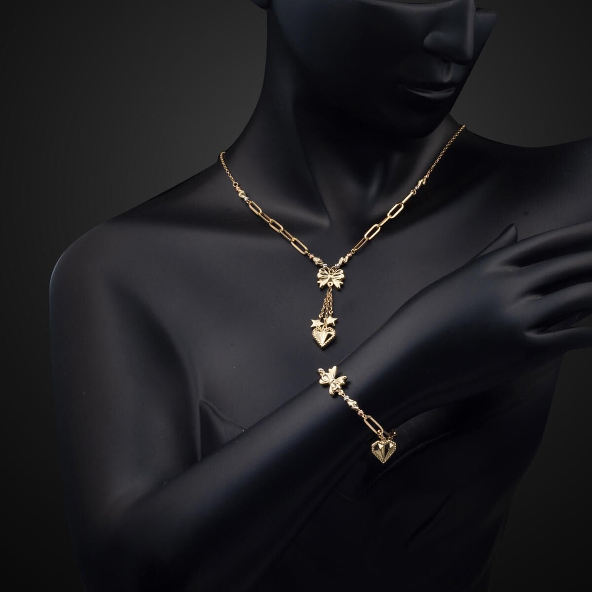 14K Yellow Gold Designer Inspired Heart Necklace and Bracelet Set
