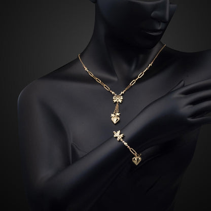 14K Yellow Gold Designer Inspired Heart Necklace and Bracelet Set