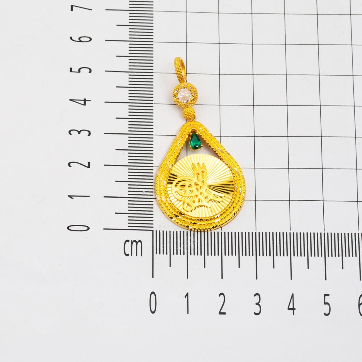 14K Yellow Gold Teardrop Ottoman Tughra Cubic Zirconia Necklace