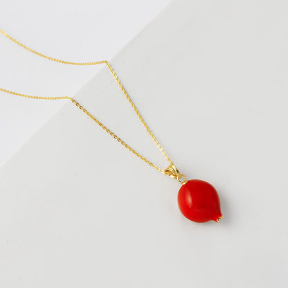 14K Yellow Gold Pomegranate Enamel Cubic Zirconia Necklace