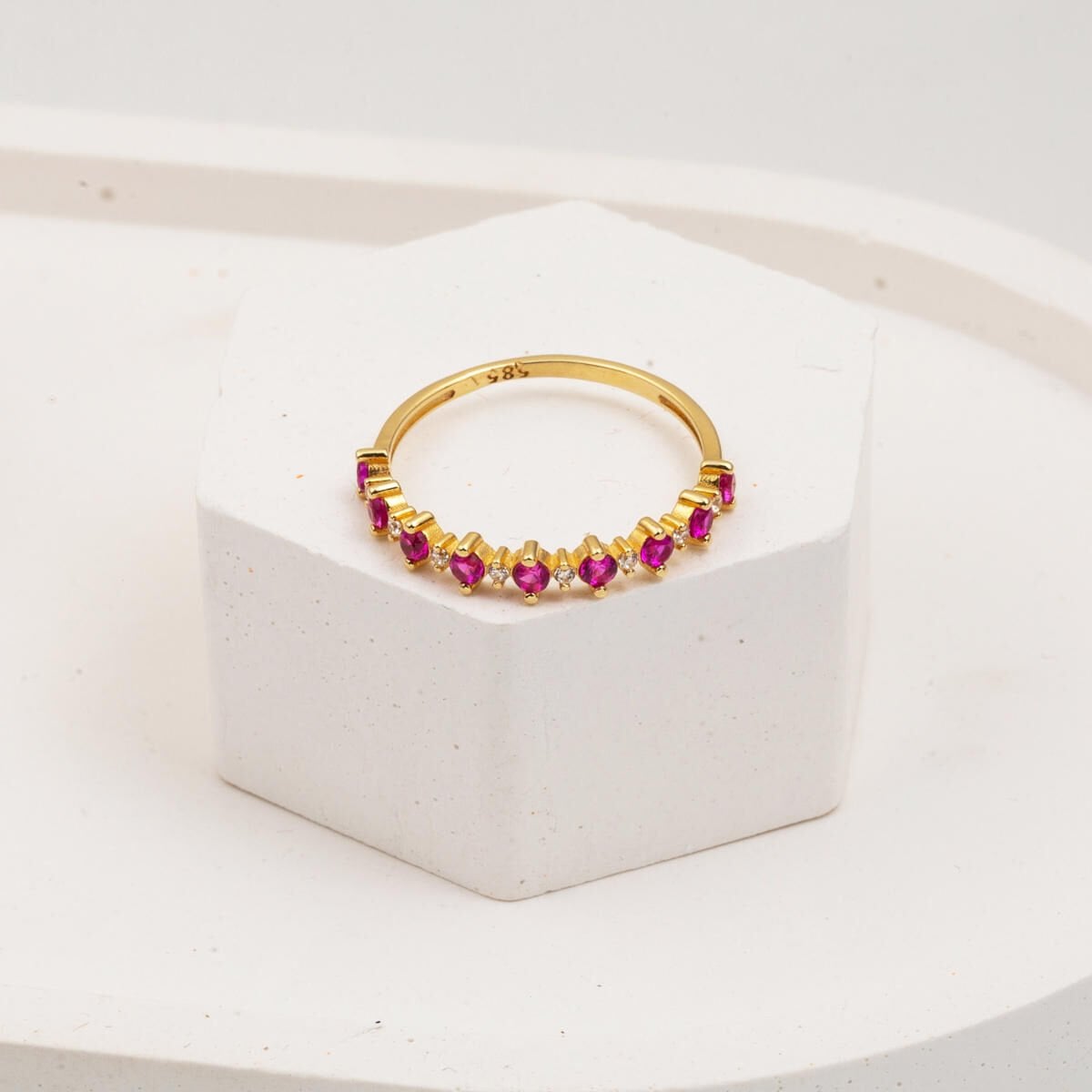 14K Yellow Gold Ruby Sparkle Half Eternity Cubic Zirconia Ring