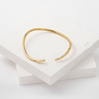 14K Yellow Gold Wavy Hand Engraved Hinged Cuff Bangle