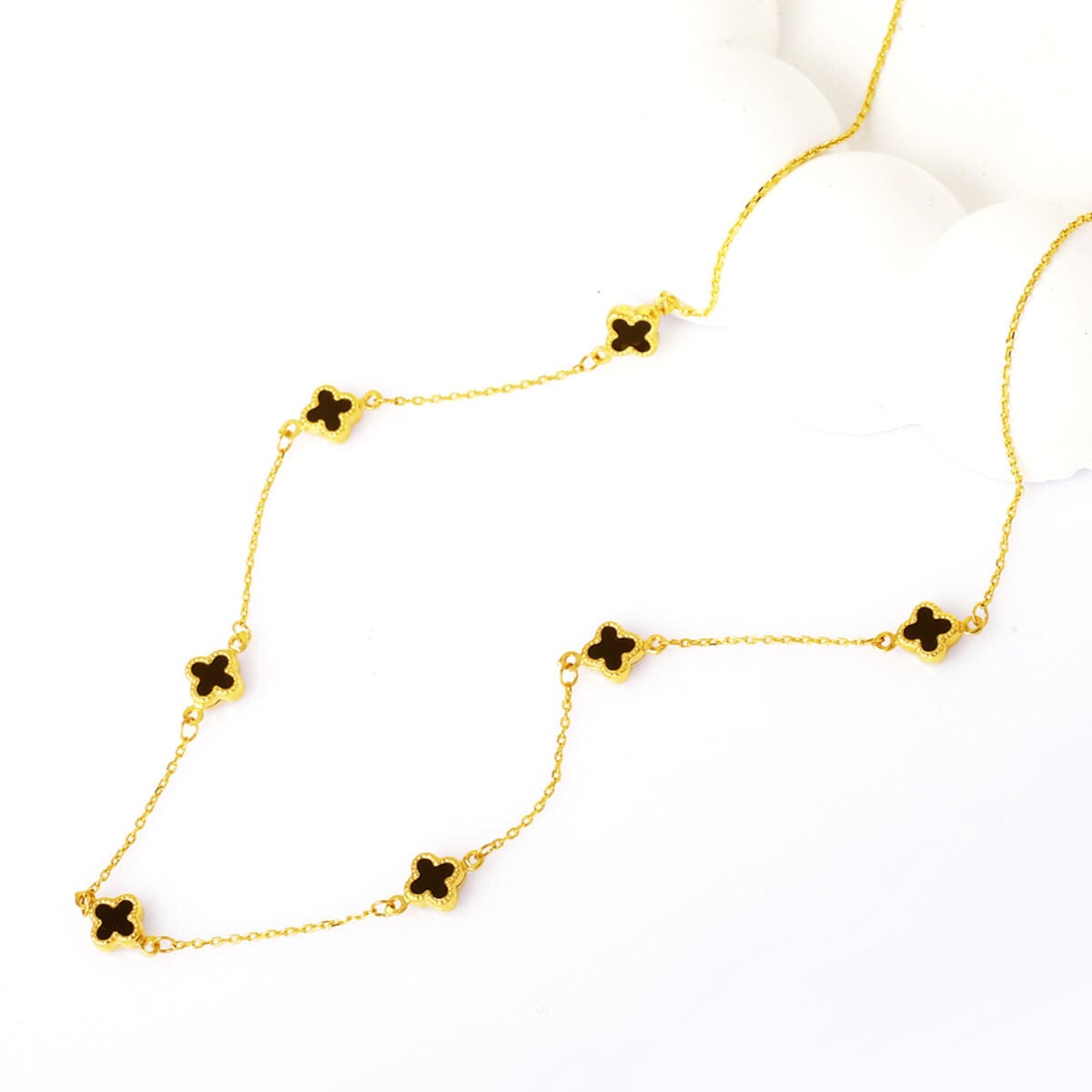 14K Yellow Gold Black Glass Clover Necklace