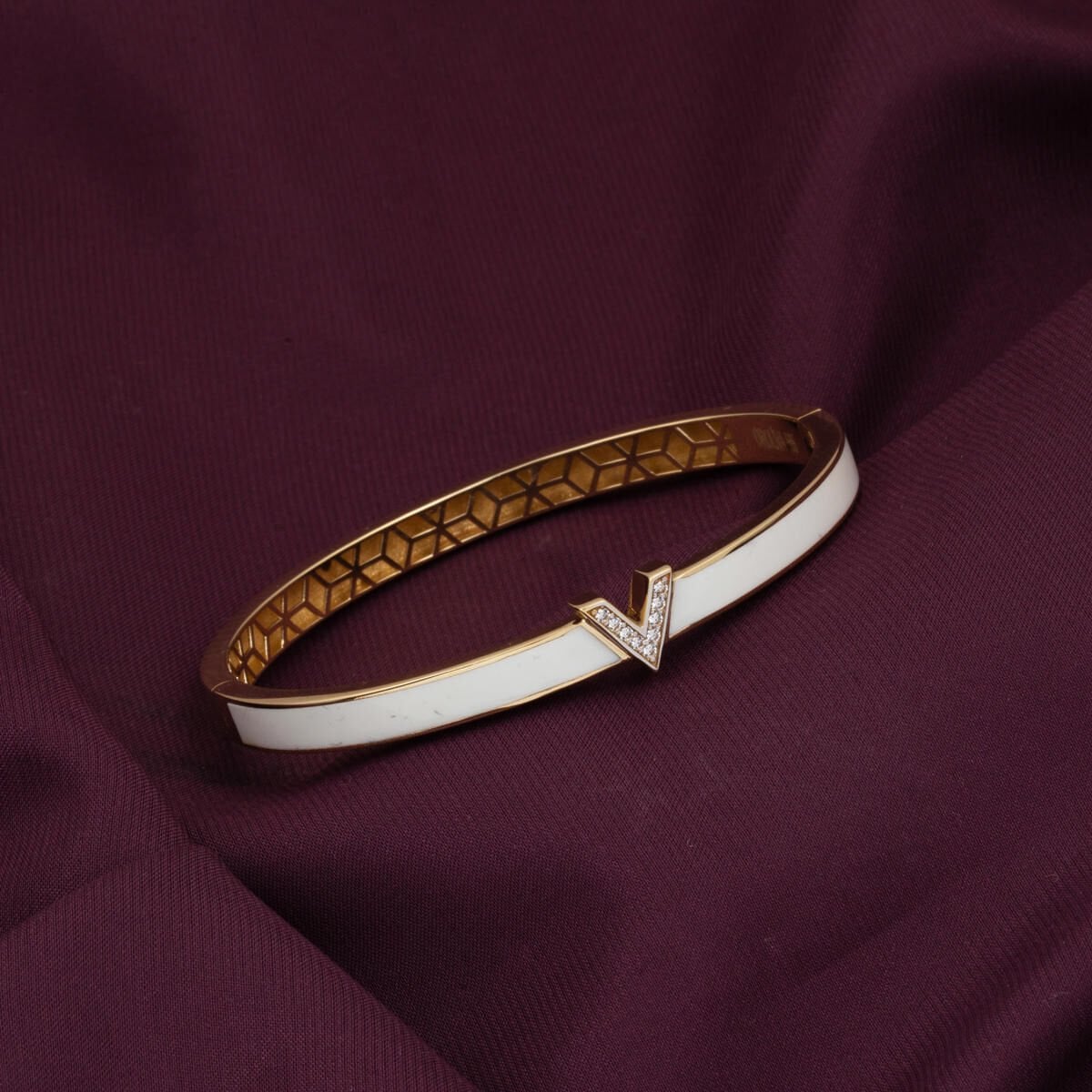 14K Yellow Gold White Enamel Designer Inspired Style Cubic Zirconia Bangle