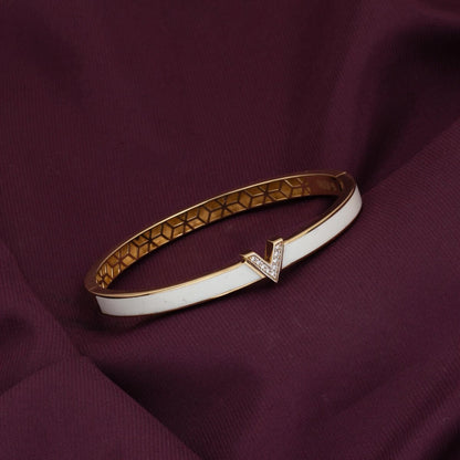 14K Yellow Gold White Enamel Designer Inspired Style Cubic Zirconia Bangle